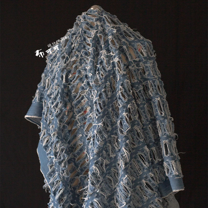 Blue and White Ripped Creative Denim Fabric Broken and Reconstructed Hollow Fabric See-through Jacquard Tassel