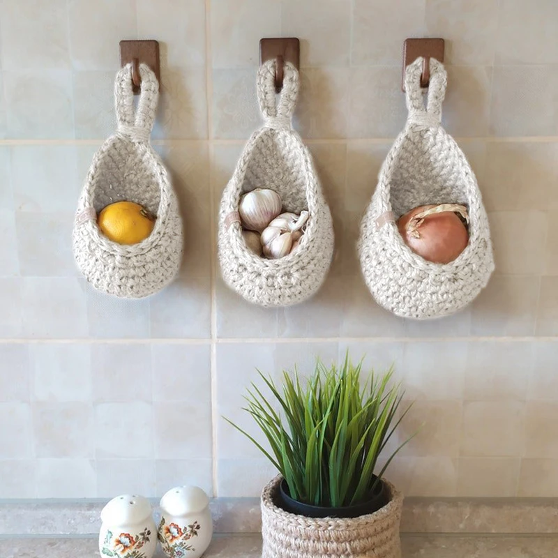 1PC Hanging Wall Vegetable Fruit Basket Boho Handwoven Teardrop Plant Flower Baskets Kitchen Table Wall Mount Storage Container