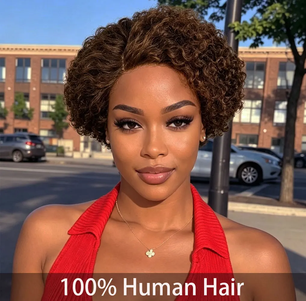 13×4x1 Part Lace Front Remy Human Hair, Brown Curly Wave Wig for Women, Full Machine Made Pixie Cut Wig, 180% Density