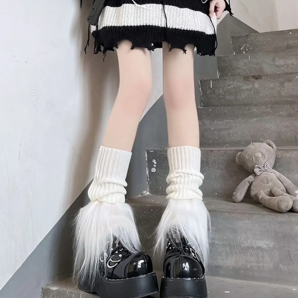 Elastic Lolita Plush Leg Warmers Solid Color Patchwork Knitted Foot Cover Pile Up Socks Hosiery Leg Cover Y2K Female