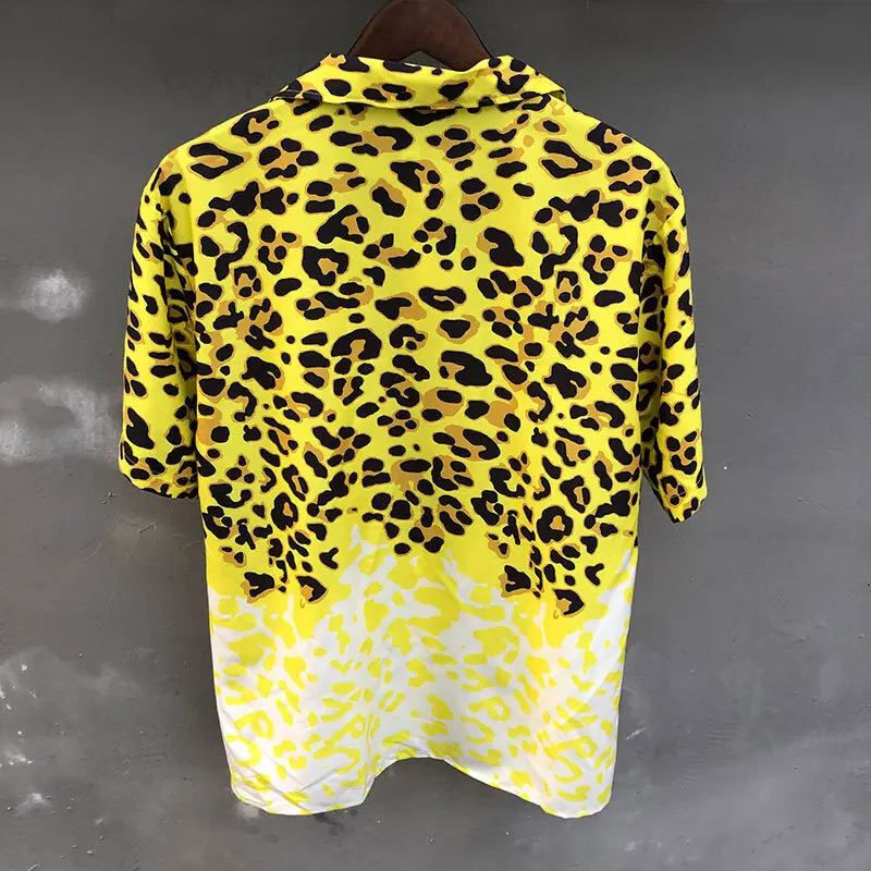 Men Yellow Leopard Color Contrast Print Shirt Short Sleeve Casual  Shirt Streetwear Camisa Fashion Masculina Shirt Moda Hombre