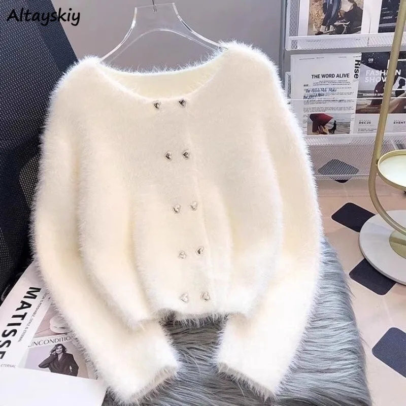 Cardigans Women Fluffy Cropped Sweaters Chic Double Breasted Retro European Style Ladies Fashion Street Aesthetic Autumn Winter