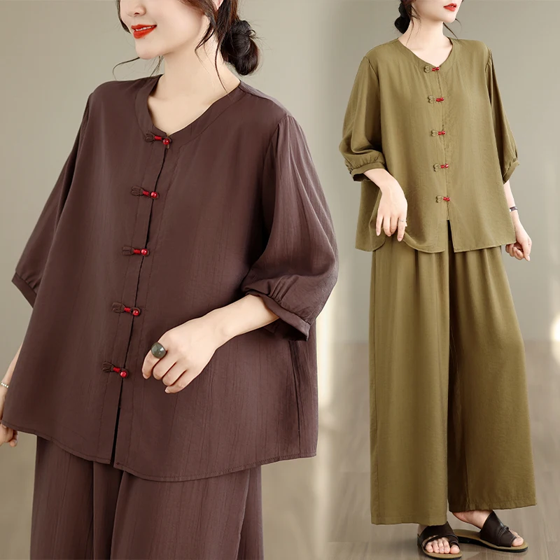 

plus Size Women's Cotton Linen Set Casual Top Bottoms Two Piece Suit Summer New Style Commute Artistic Style Chinese National...