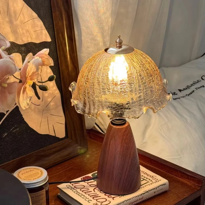

Настольная лампа в стиле Ваби-Саби середины века, из орехового дерева, стекла и керамики, прикроватный светильник, винтажный французский декор для спальни, ретро-лампа для акцентного освещения