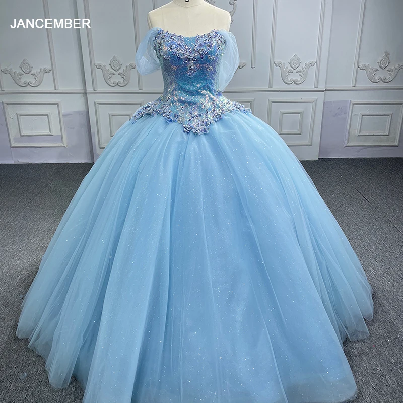 

Платье принцессы Quinceanera Jancember 2023, бальное платье с короткими рукавами и блестками, с короткими рукавами и квадратным воротником на шнуровке, бар-мицва DY6609