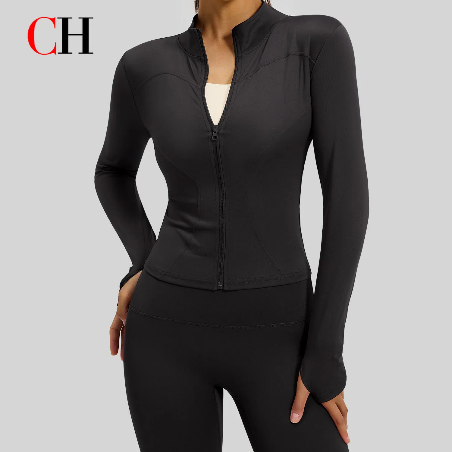 CH Women Zip Up Workout Jacket Long Sleeve Yoga Top Slim Fit Sports Jacket Running Fitness Gym Activewear Casual Athletic Wear