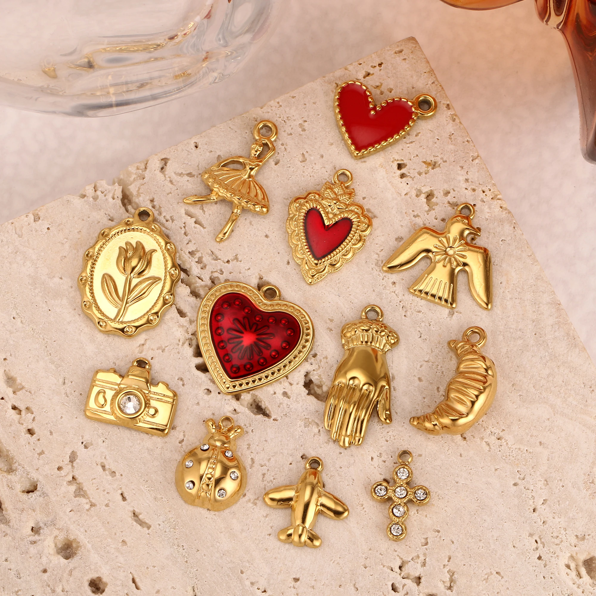 3Pcs New Camera/Ballet Dancers/Ox Horn Charms Stainless Steel Red Sacred Heart Pendants for Bracelet Necklace DIY Jewelry Making