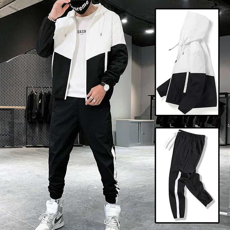 Spring and Autumn New Men\'s Stand Collar Cardigan Casual Pants Handsome Versatile Sports Two Piece Set Casual