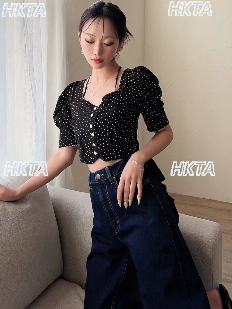 Japanese Sweet Neck Bow Tie Polka Dot Square Neck Bubble Short Sleeve Top Short Shirt French Commuter Elegant Black Blusas Women