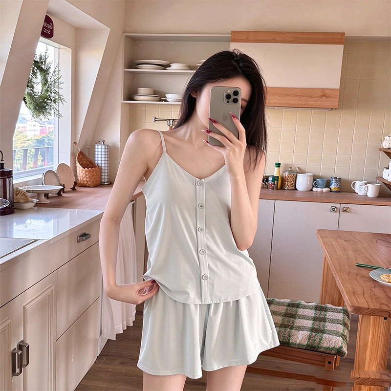 Europe and the United States new button adjustable suspenders shorts pajamas summer ice silk two-piece suit Ins Style