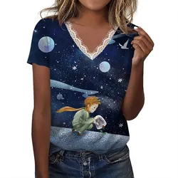 The Little Prince Cartoon Print Short Sleeve Lace Neckline V-neck Tops Funny Loose Tees Blouse Summer Streetwear Daily Pullover