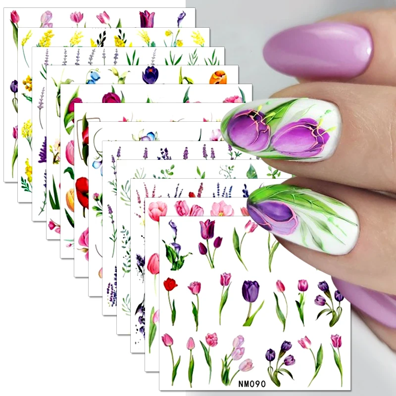 12pcs Pink Tulip Flowers Nail Stickers Lavender Snowdrops Summer 3D Nail Decals Water Transfer Sliders DIY Manicure Decorations