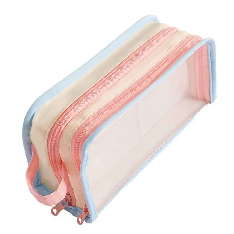 Net Transparent Pencil Bag Holder Case Handle Pen Pouch Stationery School Supplies Office Pink Blue Eraser Ruler Organizer Gift