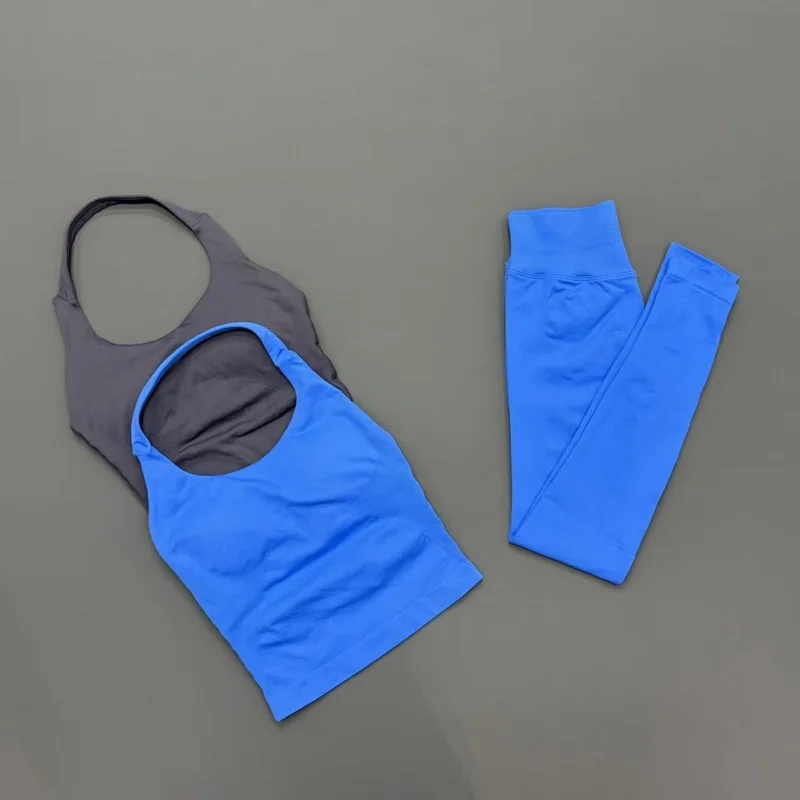 2 Piece Women Gym Set Seamless Halter Sports Top High Waist Leggings Tummy Control Squat Proof Yoga Fitness Activewear