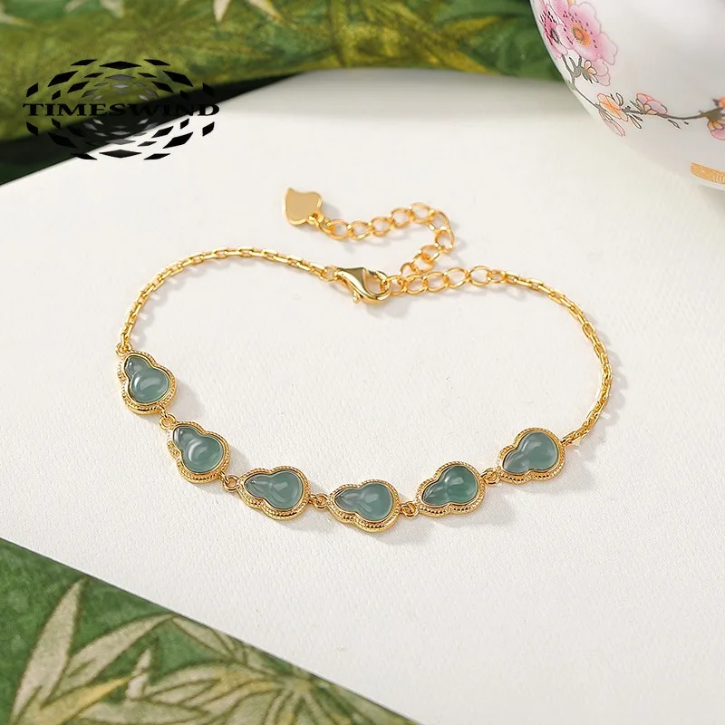 

TIMESWIND Natural Jade Blue Gourd S925 Silver Pattern Blessing Women Bracelet with Certificate