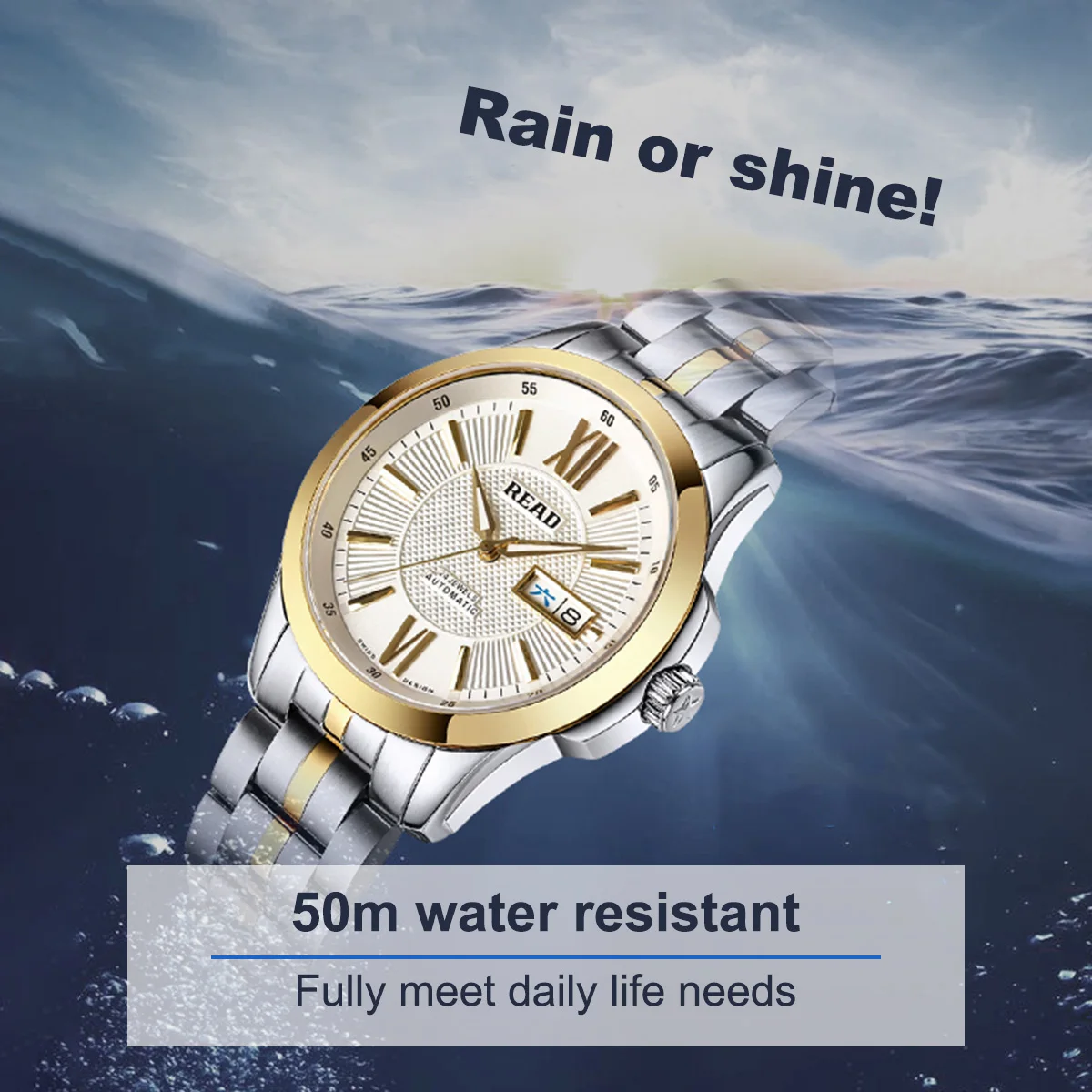 READ Men Automatic Watch | Two‑Tone Steel Band | Sapphire Glass | Roman Day‑Date Dial | 50M Water Resistant