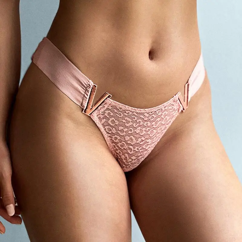 Women's Sexy Low-Waisted Lace T-Pants with V-Shaped Buckle Waistband Thong Half-Wrapped Buttocks Briefs Lady Knickers