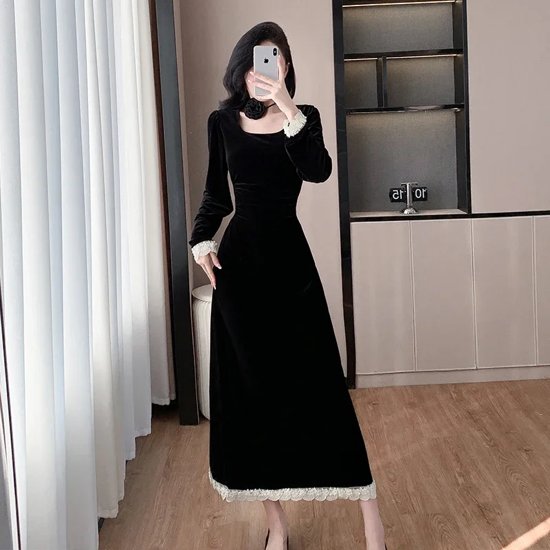 

Elegant French Women's Clothing Retro Square Neck Waist Heavy Black Dress Winter Long Patchwork Skirt