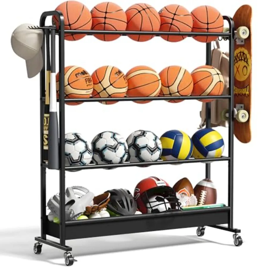 

Adjustable Basketball Rack with Wheels 4-Tier Sports Ball Storage Cart for Basketball Football Volleyball Soccer and More Holds