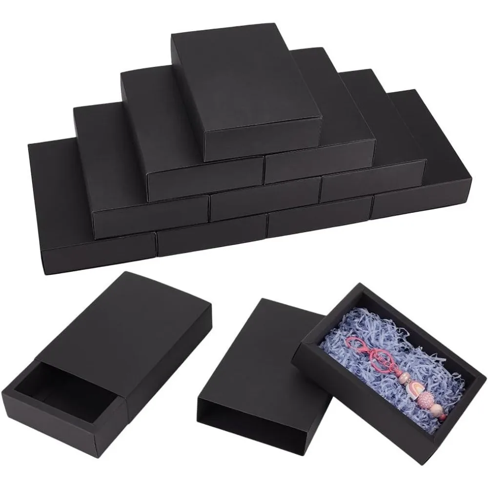 12PCS Black Paper Drawer Boxes 7.17x5x1.65 Inch Rectangle Kraft Paper Gift Box Cookie Boxes for Wedding Party Gifts Jewellery