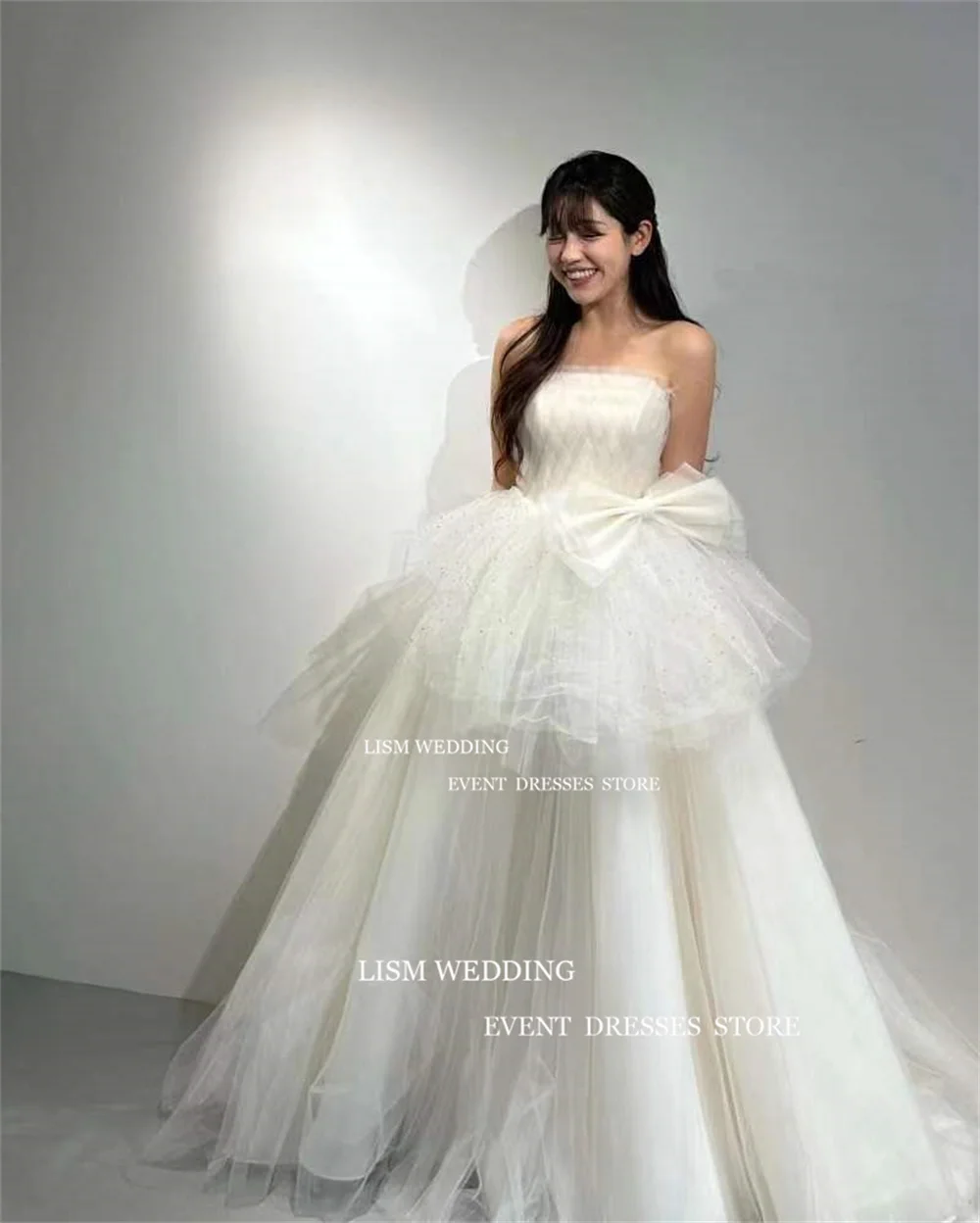 LISM Simple Strapless A Line Korea Wedding Dresses Fairy Tiered Tulle Bridal Gown Photo Shoot Sleeveless Big Bow Bridal Dresses