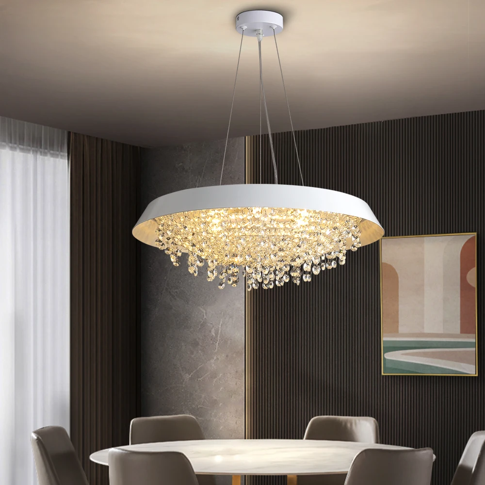 2026 Design White Crystal Chandelier For Dining Room Modern Home Decor Round Hanging Cristal Lamp Living Room Led Light Fix