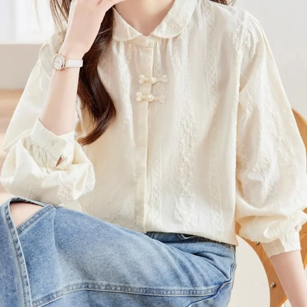 

Mixabo Women's Long-Sleeved Shirt Stand-Up Collar Ear-Hem Design Autumn Top with Dark Stripes Lantern Sleeves White