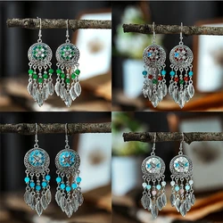 Vintage Ethnic Crystal Bead Leaf Dangle Earrings for Women Silver Color Carved Handmade Earring Female Pediente Bijoux