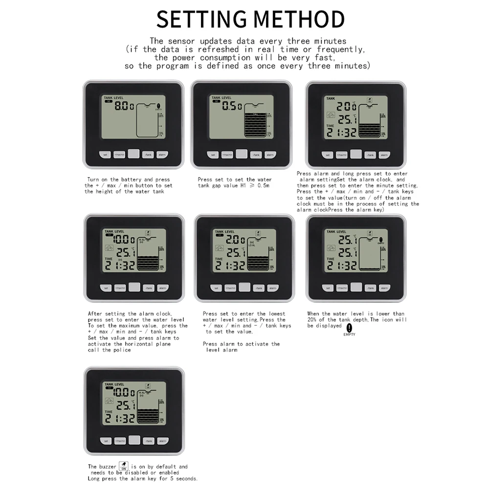 Ultrasonic Wireless Water Tank Liquid Level Meter With Temperature Sensor Level Monitor Time Display Low Battery Indicator Alarm