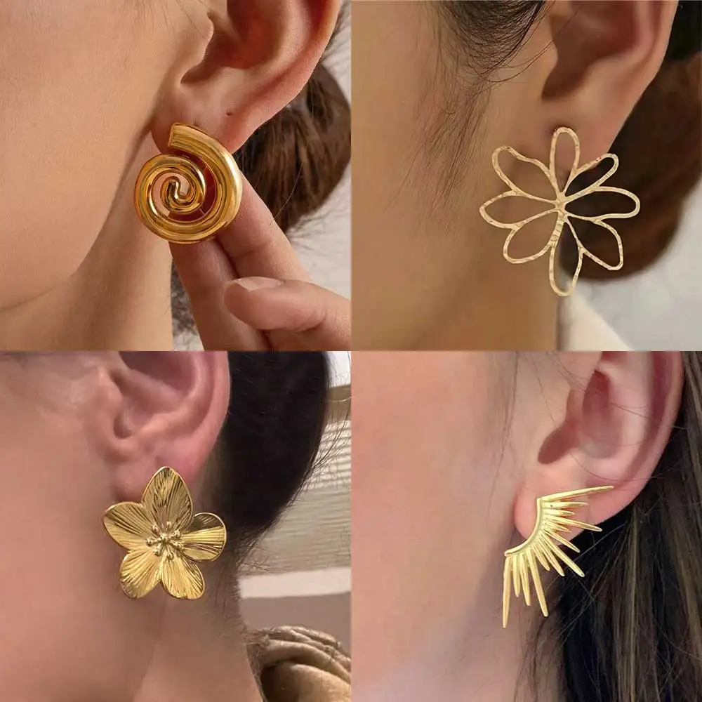 316L Stainless Steel Vintage Big Stud Earrings for Women Gold Color Butterfly Flower Earrings Exaggerated large Earring Jewelry