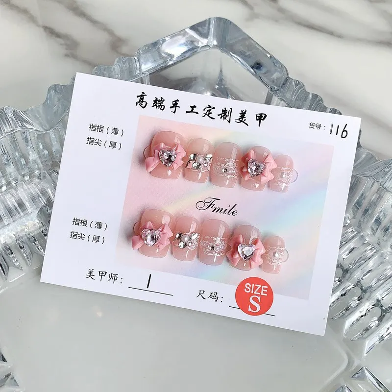 

10pcs Handmade Press on Nails Pink Bow Heart Diamond Short Ladder Full Coverage Nail Tips for Women&Girl Removable Wearable Nail