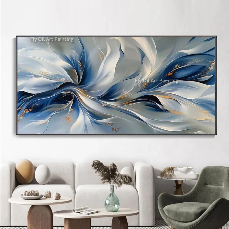 Large Blue And Grey Thick Oil Painting On Canvas Handmade Sliver Artwork New Design Wall Art For Living Room Decor As Gifts