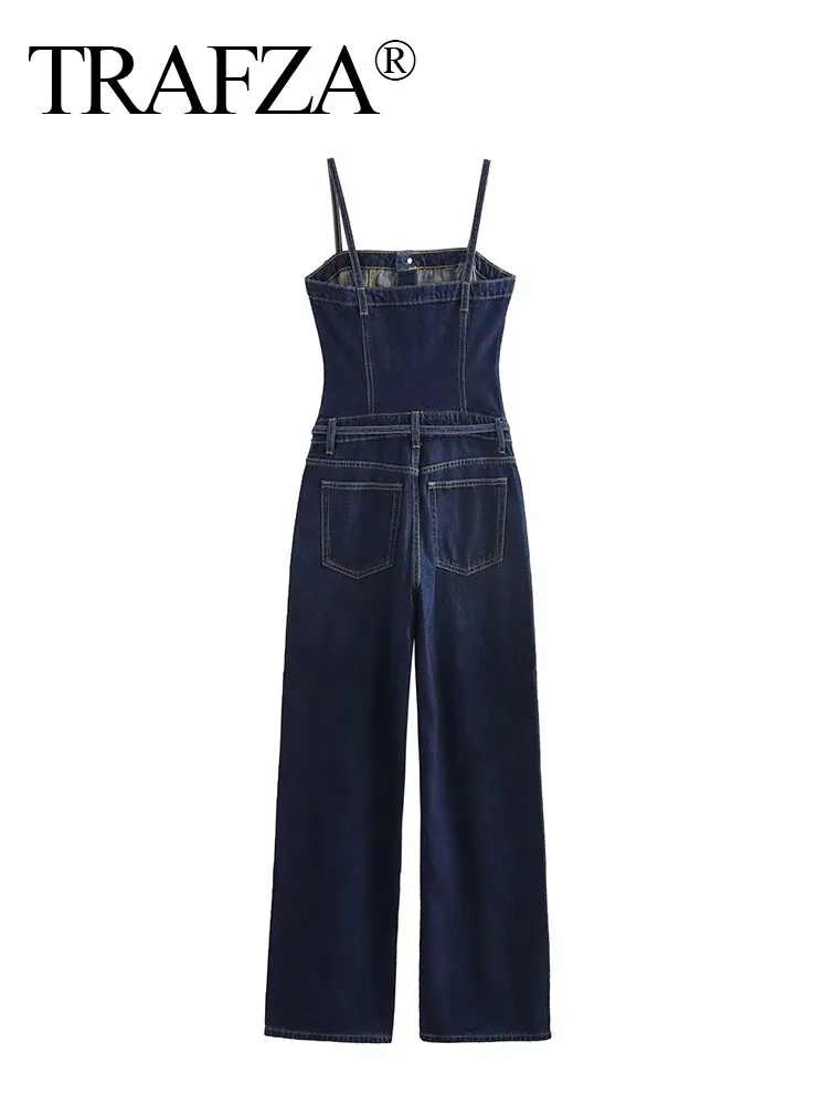 Trafza weibliche Sommer elegante Overall Denim ärmellose rücken freie Taschen einreihige Frauen mit Gürtels ch linge Overalls Mujer