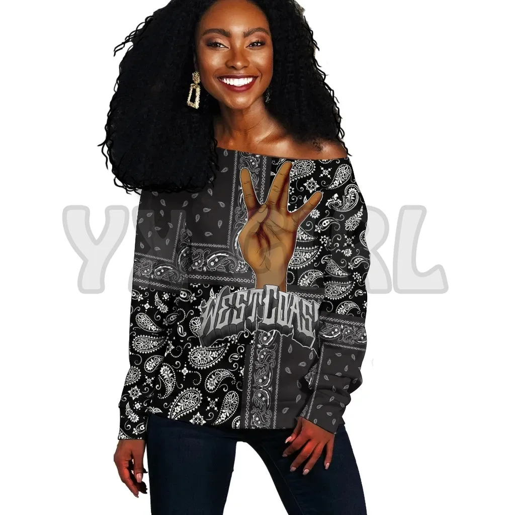 YX GIRL West Coast Off Shoulder Sweater Black Bandana Pattern 3D Printed Novelty Women Casual Long Sleeve Sweater Pullover