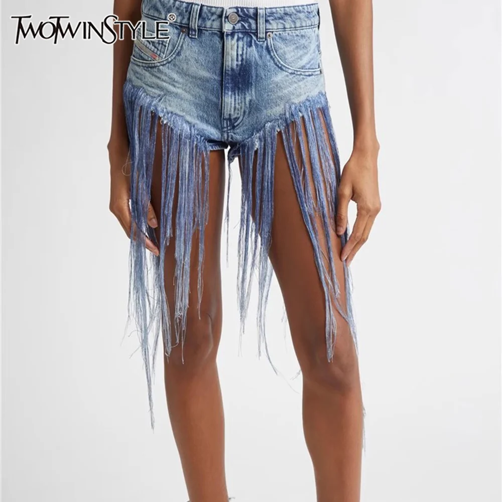 

TWOTWINSTYLE Solid Spliced Tassel Slimming Shorts for Women High Waist Temperament Minimalist Pants Female Fashion