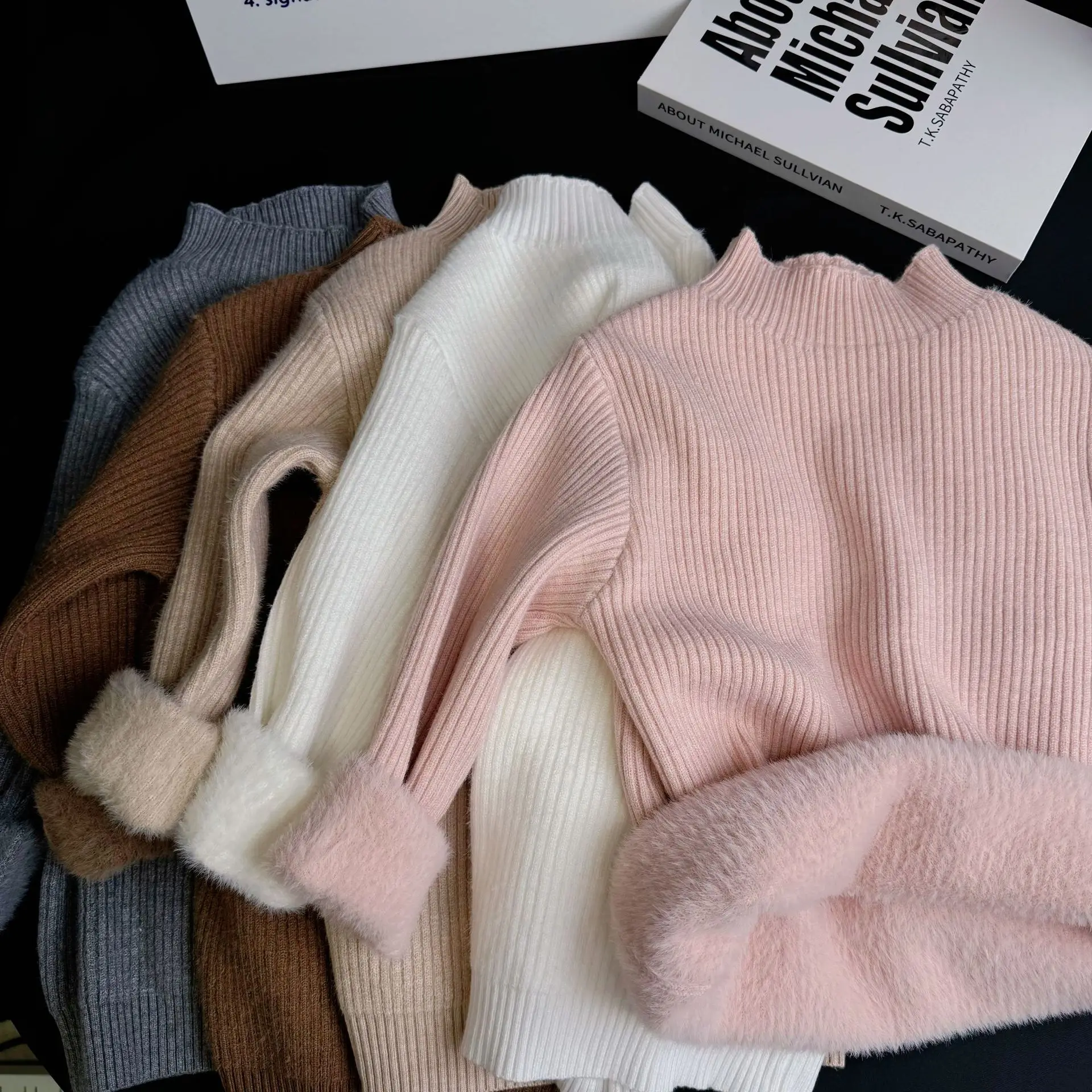 

Velvet Knitted Sweater Autumn and Winter Casual Solid Color with Thick Velvet Fashionable and All-match Simple Undershirt