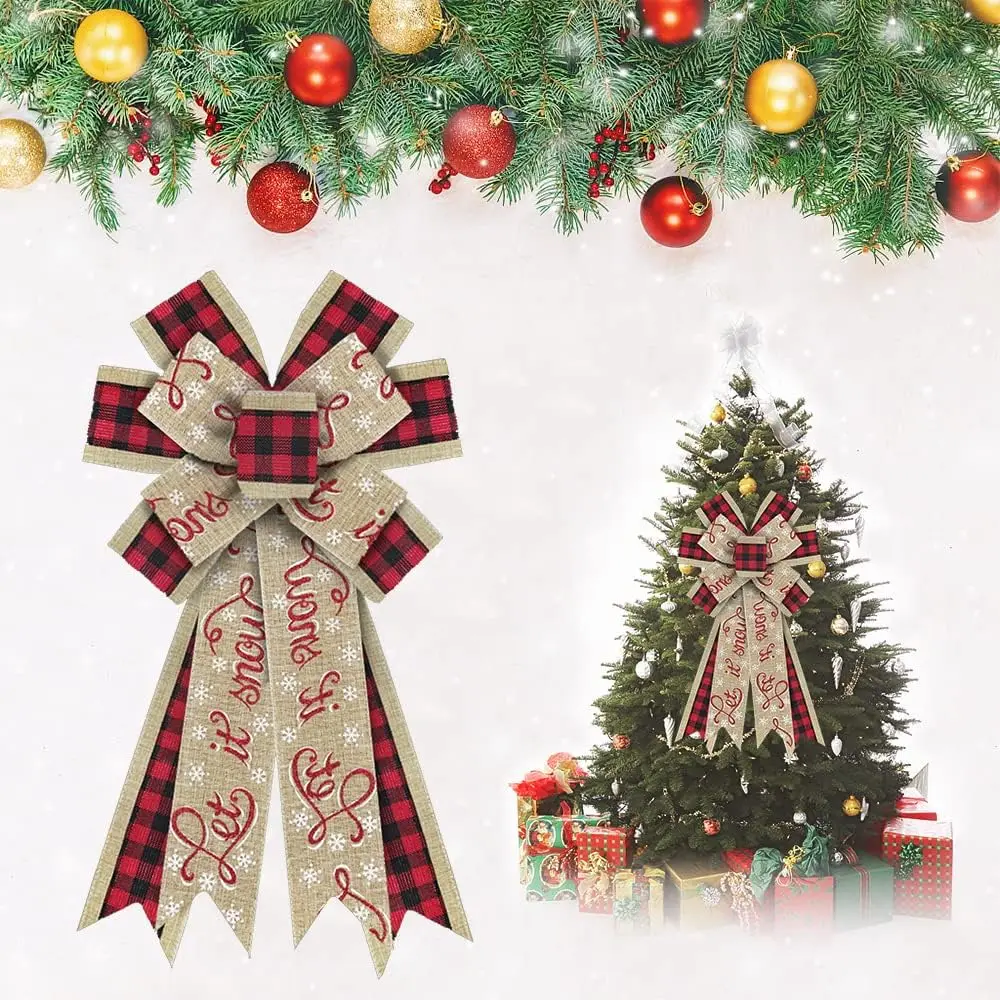 Lazo de Navidad grande para corona, lazos a cuadros de búfalo rojo y negro, lazo de copo de nieve de Navidad, lazo de adorno de árbol de arpillera Natural para decoración de Año Nuevo