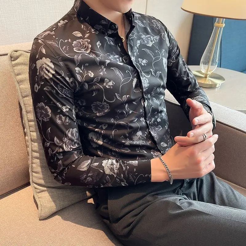 Fashion Lapel Button Spliced All-match Printed Shirts Men's Clothing 2023 Spring New Loose Casual Tops Long Sleeve Korean Shirt