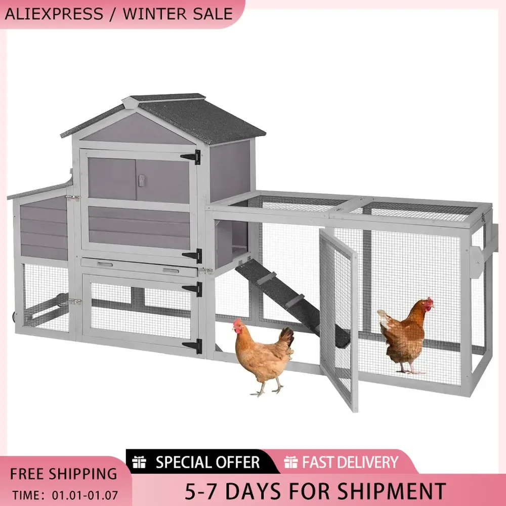 Chicken Coop Expandable Mobile Chicken House for Outdoor with Wheels, Leakproof Pull-on Tray and UV-Resistant Roof Panel