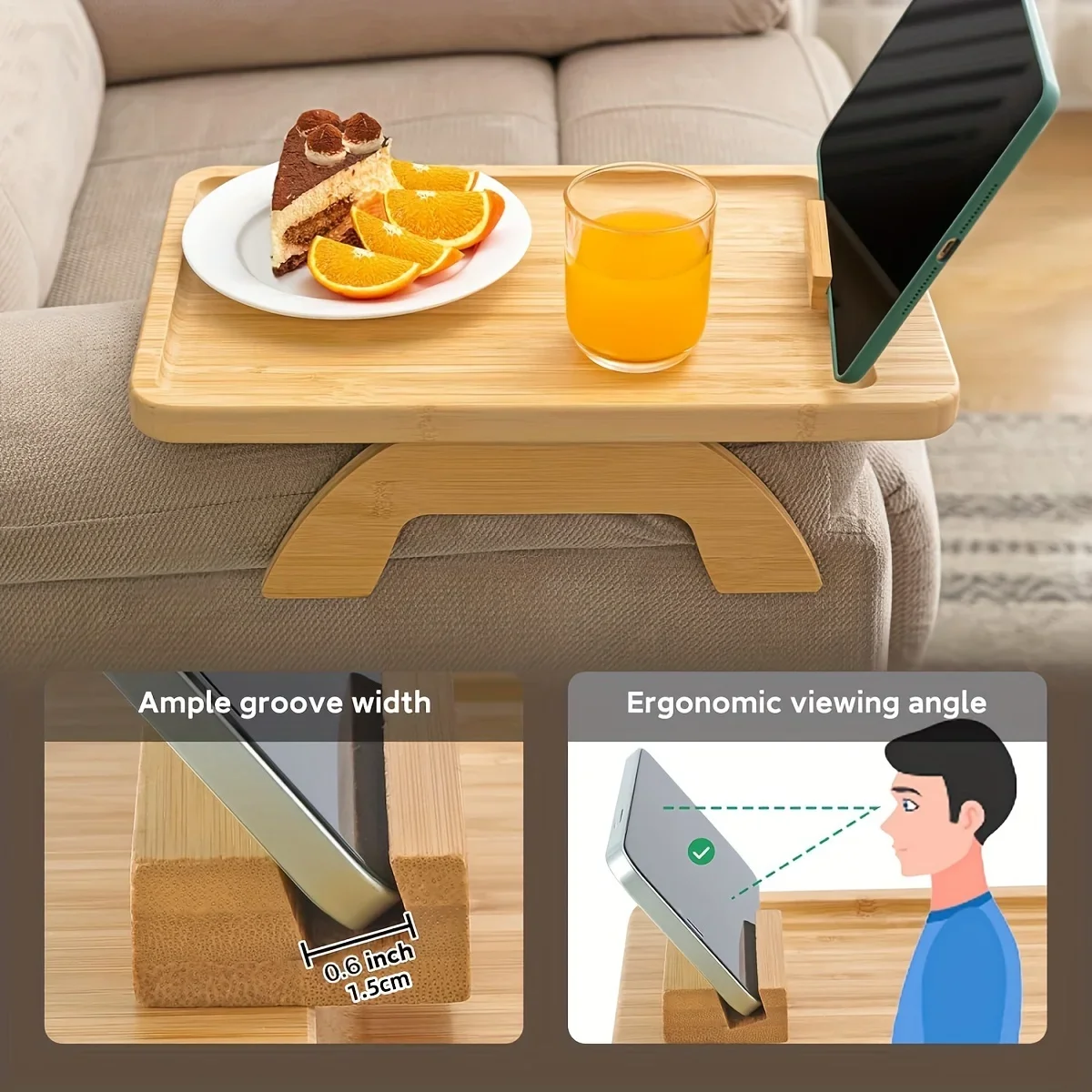 Sofa Tray Table Couch Armrest Trays Wood Phone Holder 360° Rotating Clip-On Practical TV For Remote Control Drink Home Decor