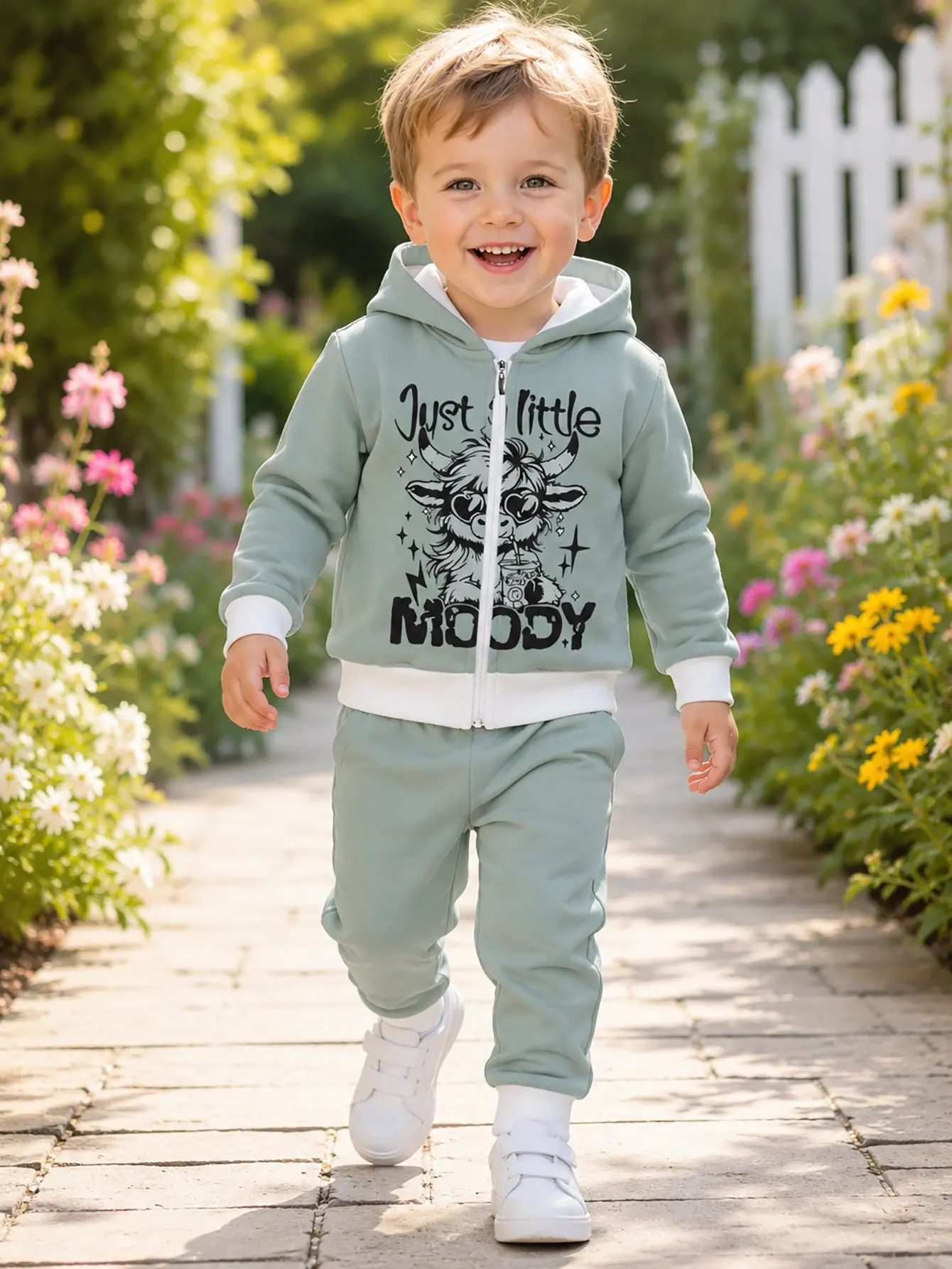 Hooded Zip Up Loose Sweatshirt Pants Set Funny Cow Letter Print Light Green Long Sleeve Loose Fit Boys Fall Winter New Style Tre
