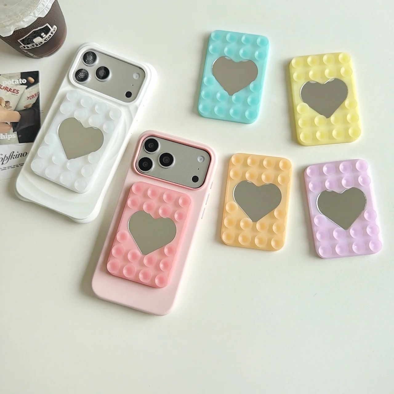 Soft Pastel Heart Makeup Mirror Suction Cup Holder For Handsfree Wall Mount For Magsafe Magnetic Portable Multicolor Phone Gift