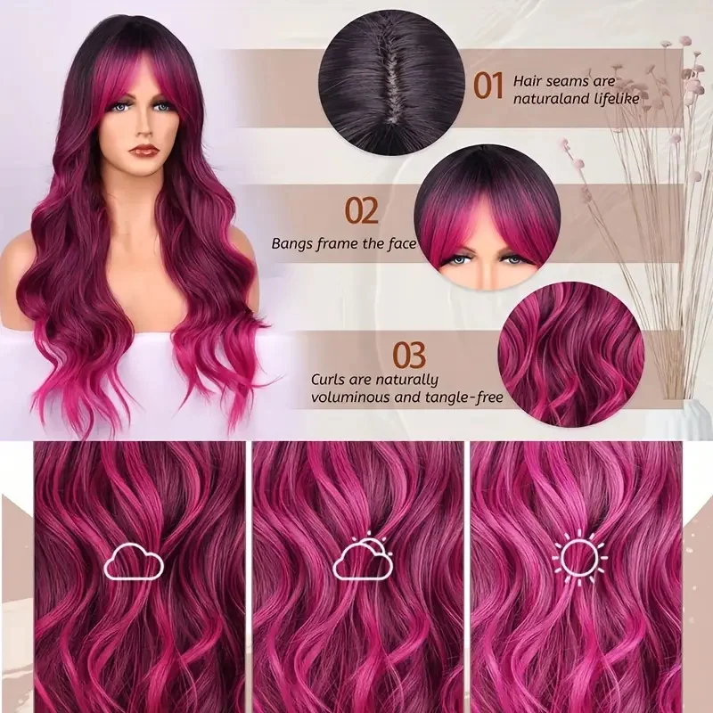 26 بوصة الاصطناعية مقاومة للحرارة الأسود إلى الأرجواني أومبير المرأة شعر مستعار طويل مموج للحزب زي الهالوين