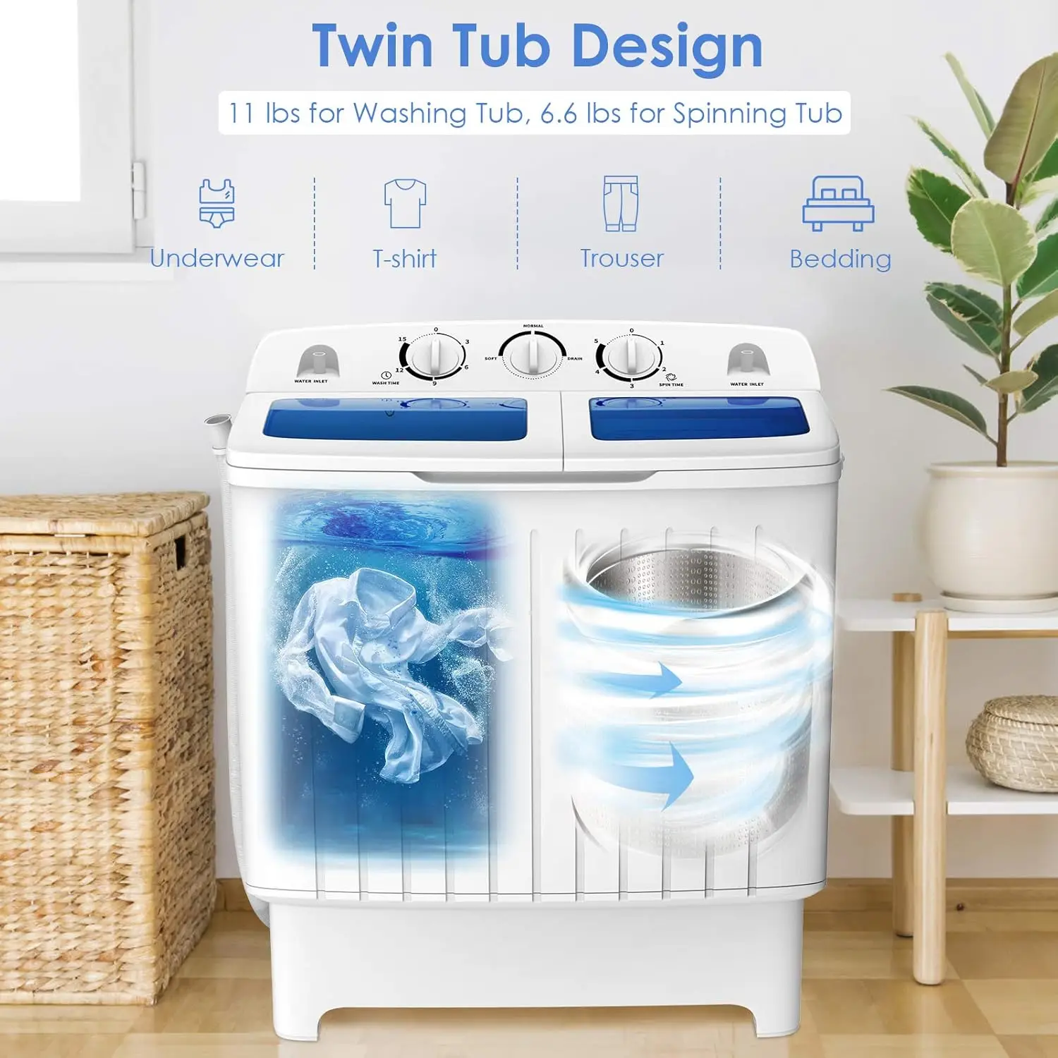 Portable Washing Machine, 20lbs Mini Twin Tub Washing Machine w/Drain Pump, Semi Automatic 12lbs Compact Washer & 8lbs Sipnner