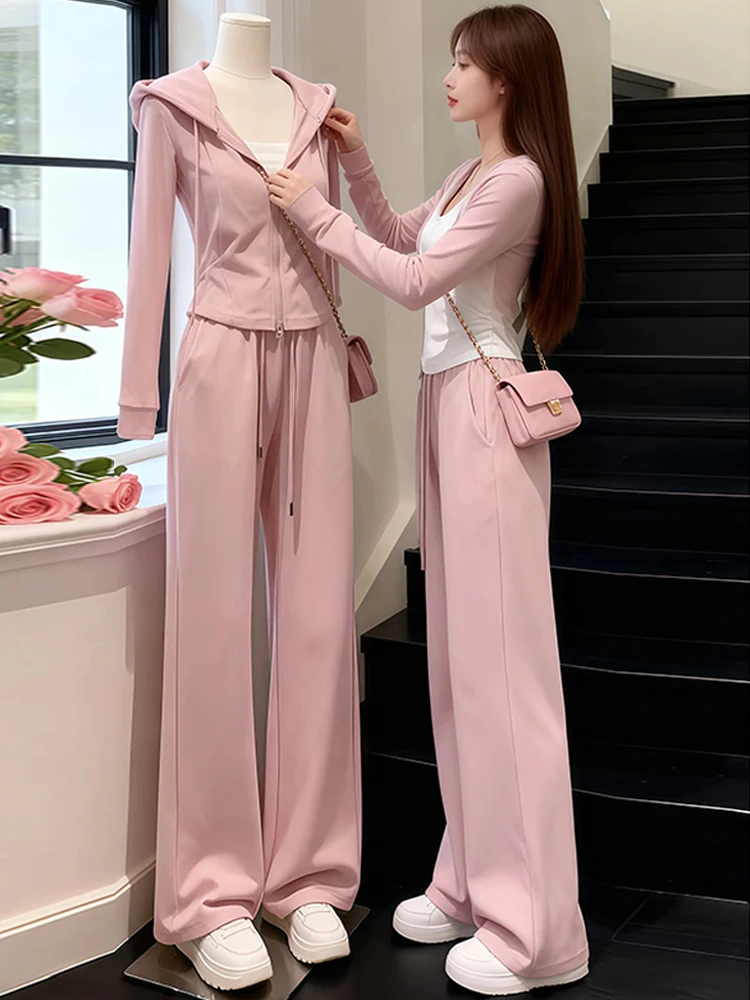 

Casual Sportswear Set Women's Spring 2026 New Sle Hoodie Wide Leg Pants High Waist Zipper Closure Mid-Thi Pure Color