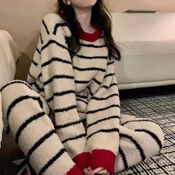 Pajamas Women Winter Coral Velvet Striped Thickened Casual Girls Homewear Cute Sweet Sleepwear