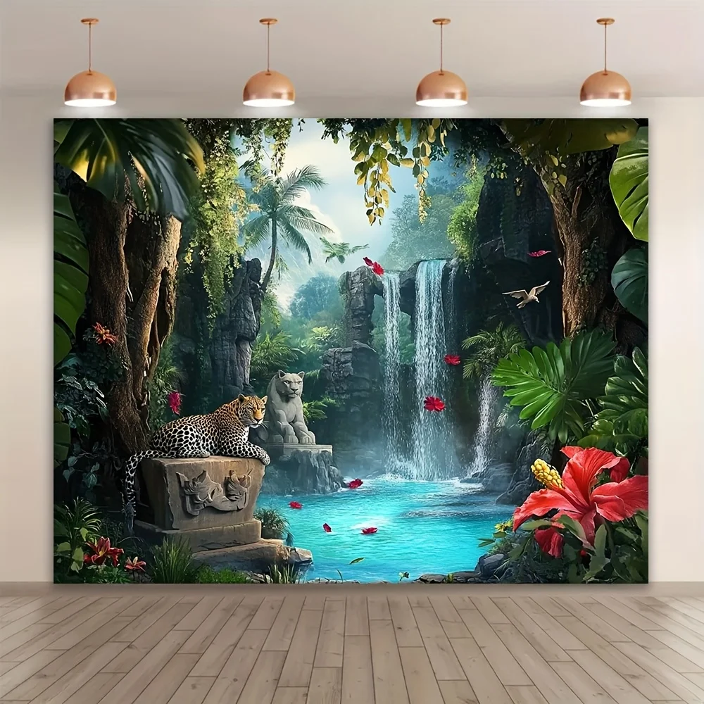 1 Stück verträumtes Waldgemälde mit Leoparden, Polyesterfaser, Dschungel-Wasserfalllandschaft, Wohnzimmer- und Schlafzimmerdekoration