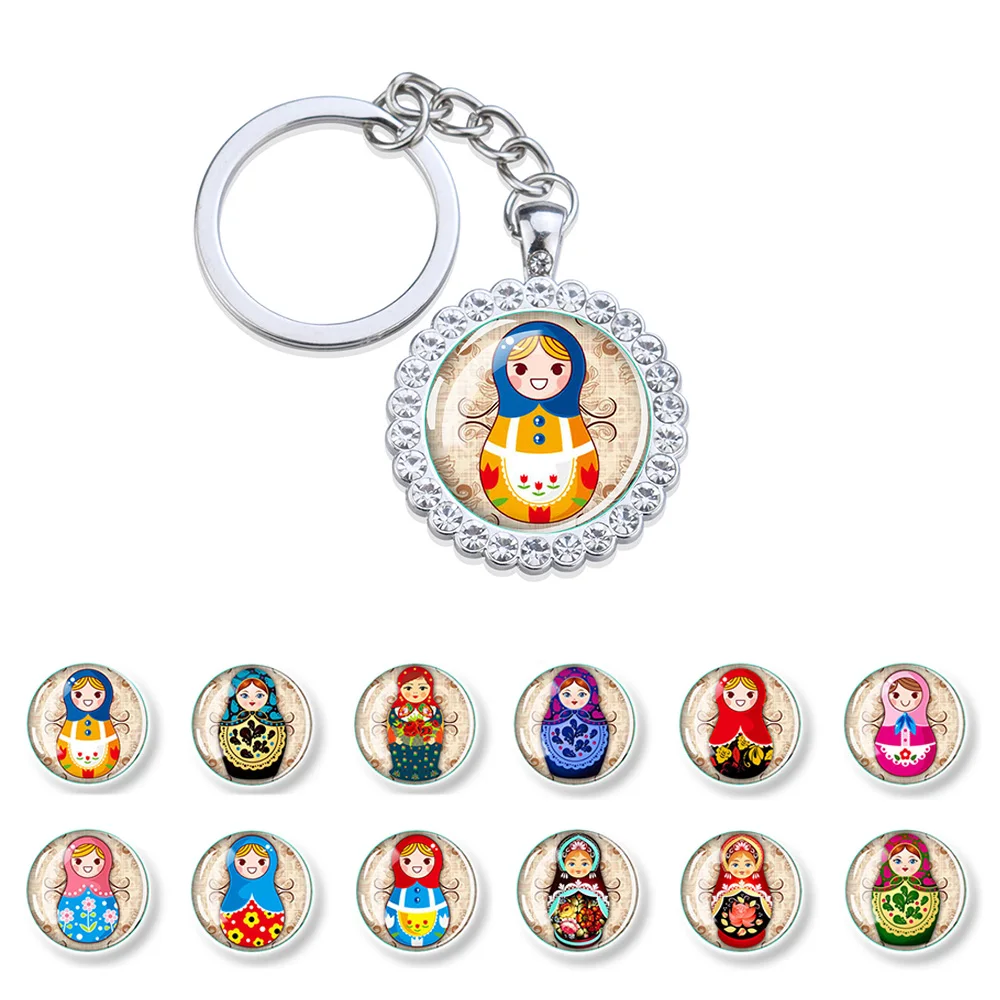 Russian Nesting Doll Keychain Silver aAlloy Decorative Keychain Zircon Inlay Round Glass Nesting Doll Photo Preferred Gift