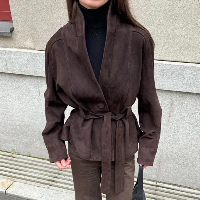 

Tornova Retro Suede Long-sleeved Jacket Coat Female V neck Lace Up Jacket 2025 Autumn Winter New Commute Office Lady Outerwear