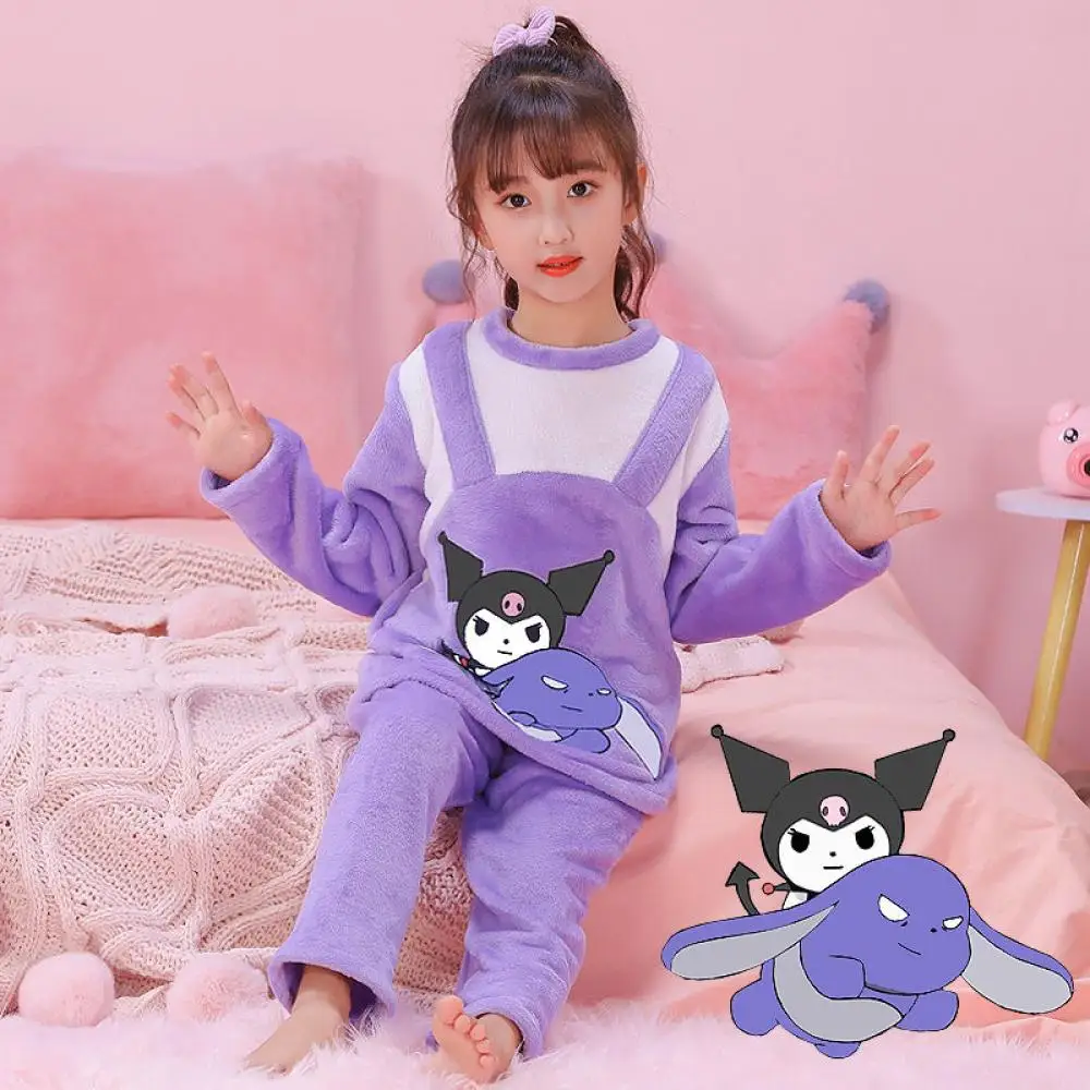 

Пижама фланелевая для девочек с рисунком аниме Sanrio Kuromi, утепленная детская одежда для сна Hello Kitty My Melody, Зимняя Детская домашняя одежда